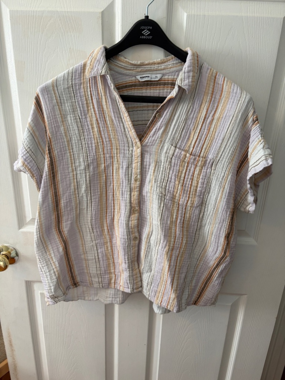 Sonoma Button-Down Short Sleeve Striped Shirt in White, Tan & Gold